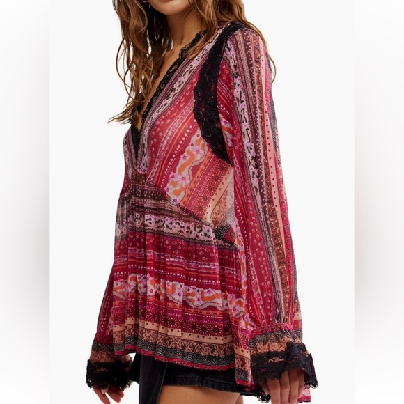 Free People NWT Natalie Boho Print Lace Long Sleeve Vneck Slip/Tunic Top XS - Picture 7 of 15